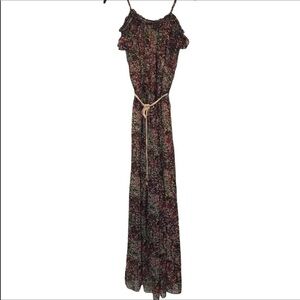 Women’s Boho Floral Spaghetti Strap Cold Shoulder Smocked Belted Maxi Dress M